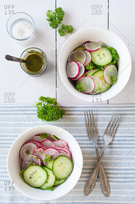 Overhead view of radish and cucumber salad