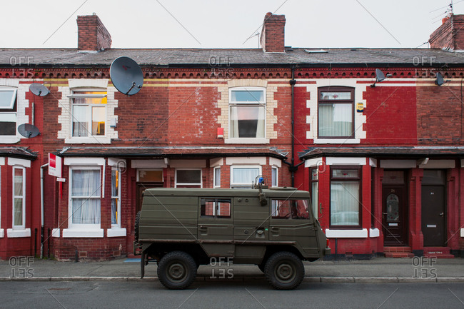 Rusholme, Manchester, UK - September 4, 2012: Military truck on residential street