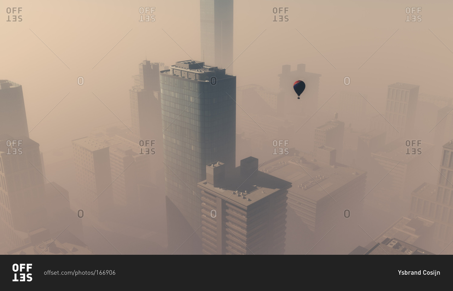 Aerial of hot air balloon flying over skyscraper city in the mist
