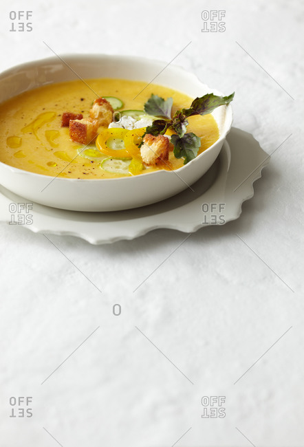 Peach soup in a bowl