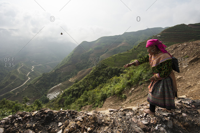 Sa Pa, Lo Cai, Vietnam - May 14, 2012: Hmong woman throwing a rock to move her water buffalo