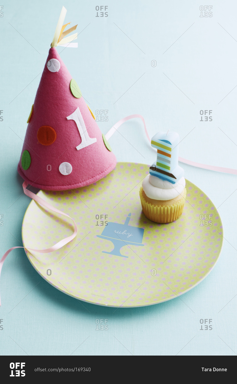 Party hat and a tiny cupcake at a birthday party