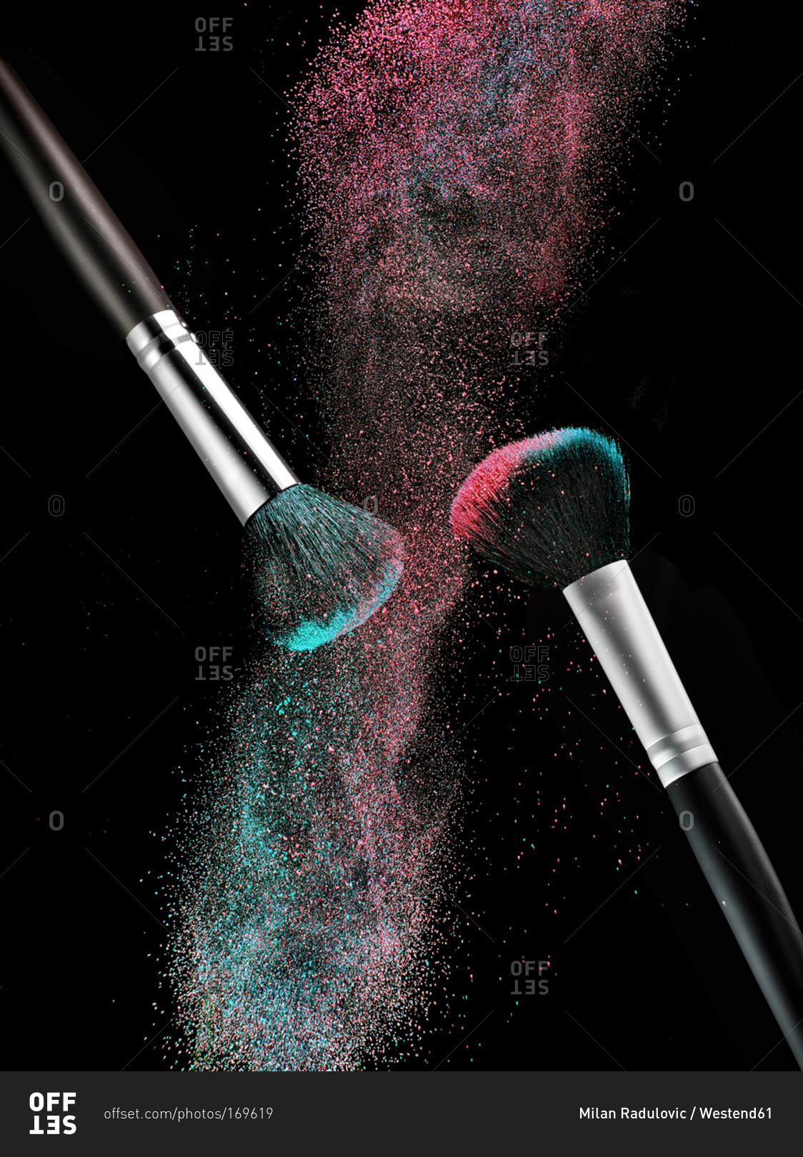 Color make-up powder and two beauty brushes in front of black background