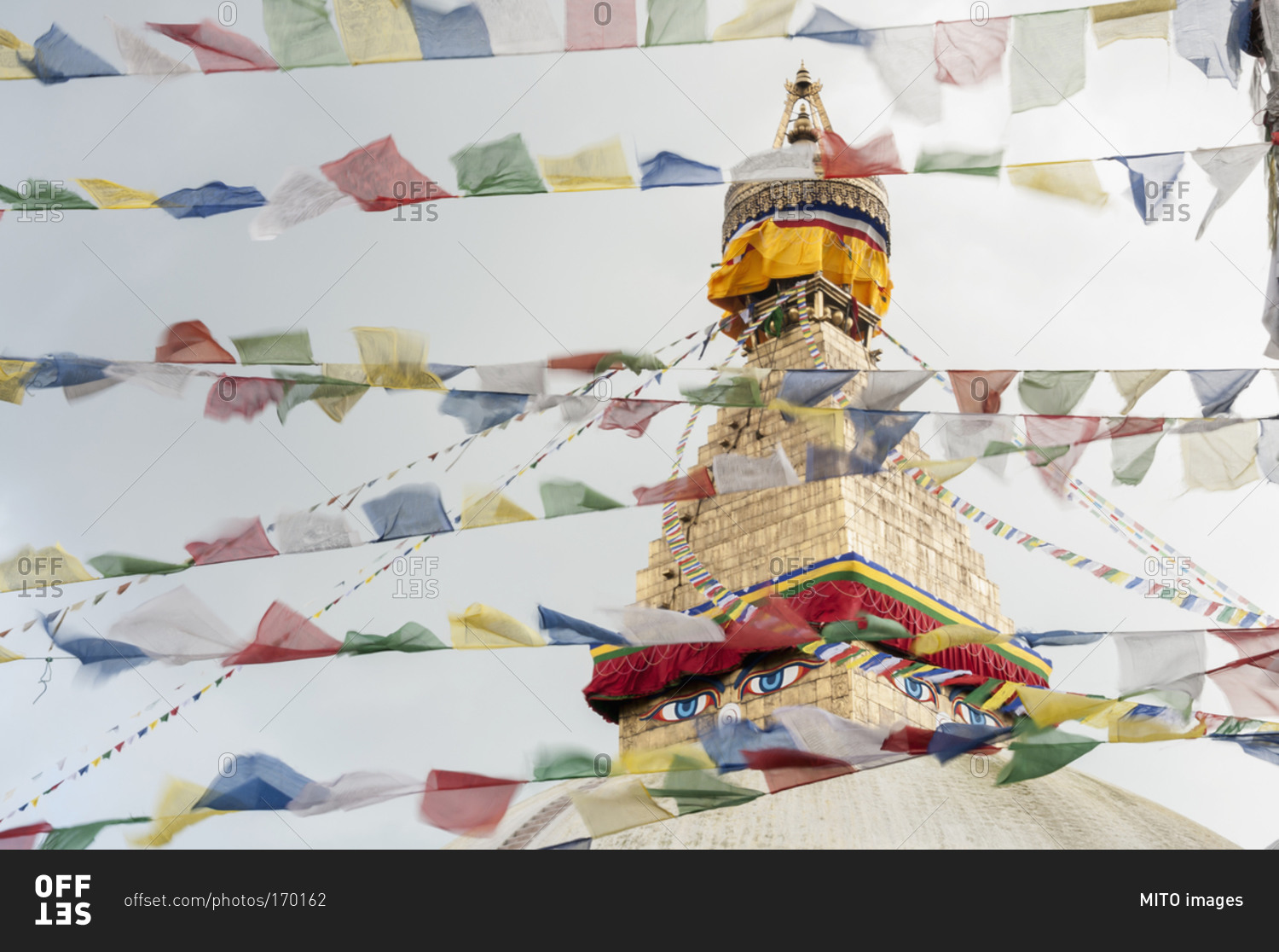 Stupa sanctuary with prayer flags, Bodnath, Nepal