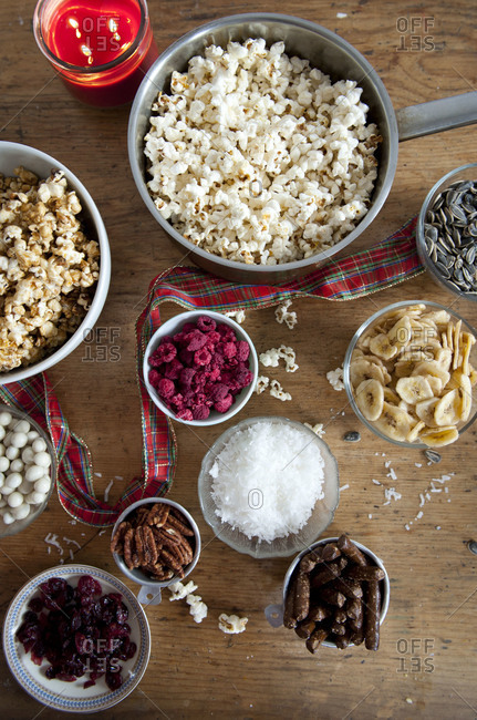 Overhead view of various snacks
