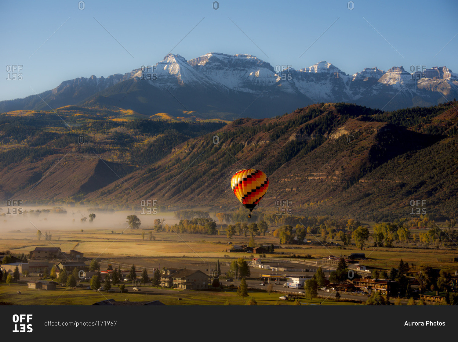 Hot air balloon flying over Ridgway in Colorado, USA