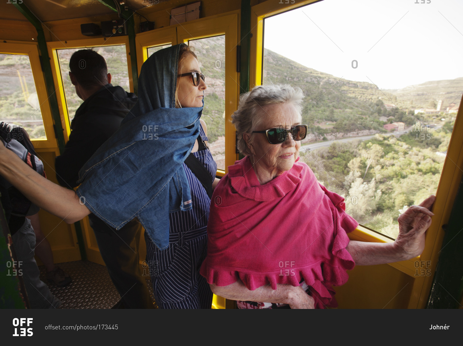 Women traveling by a cable car in Barcelona, Spain