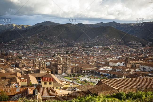 View of Cuzco and Plaza de Armas in Cuzco, Peru