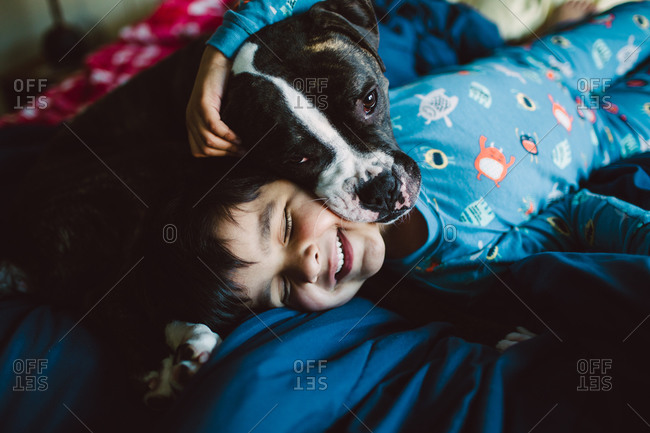Boy and dog cuddling on bed in pajamas