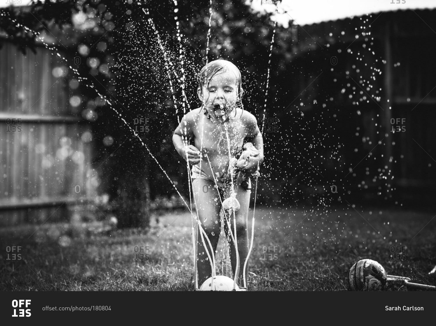 Young girl playing with a sprinkler stock photo - OFFSET