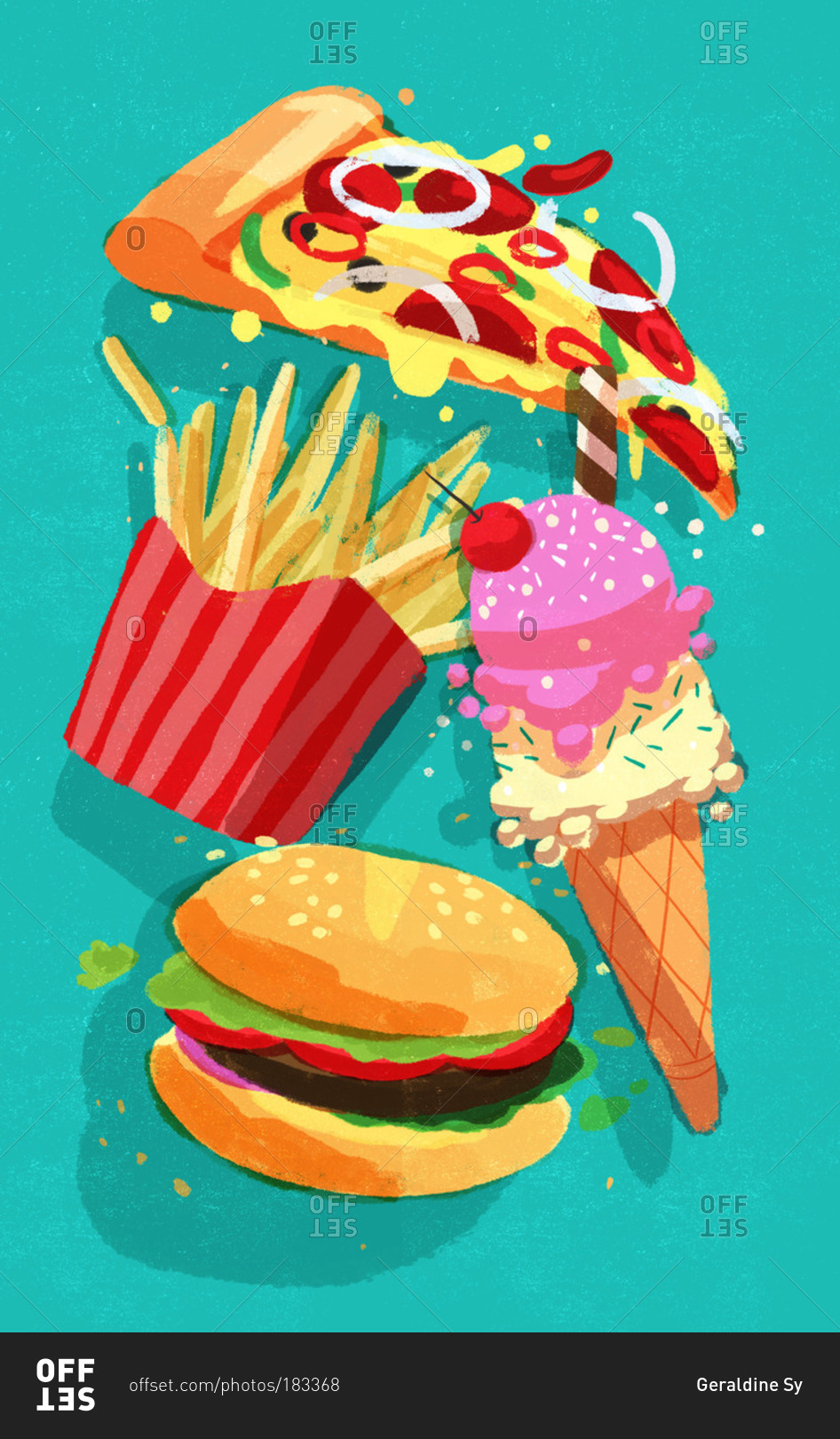 Pizza, ice cream burger and french fries