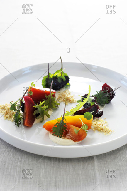 Beet, hazelnut puree and orange salad with orange thyme dressing