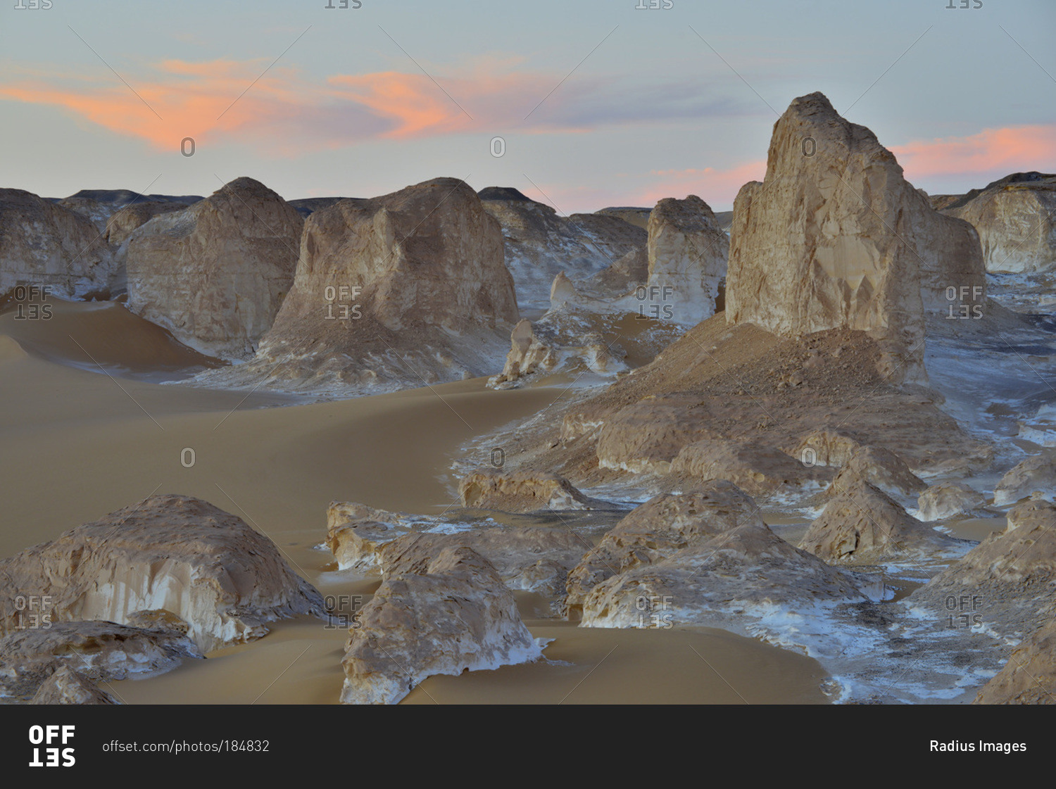 Rock formations at dusk in White Desert, Sahara Desert