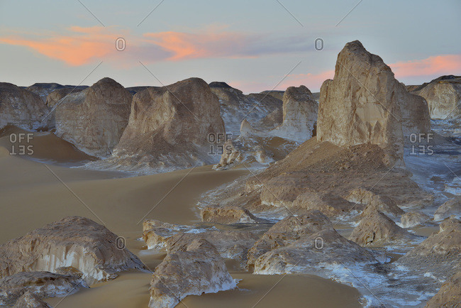 Rock formations at dusk in White Desert, Sahara Desert