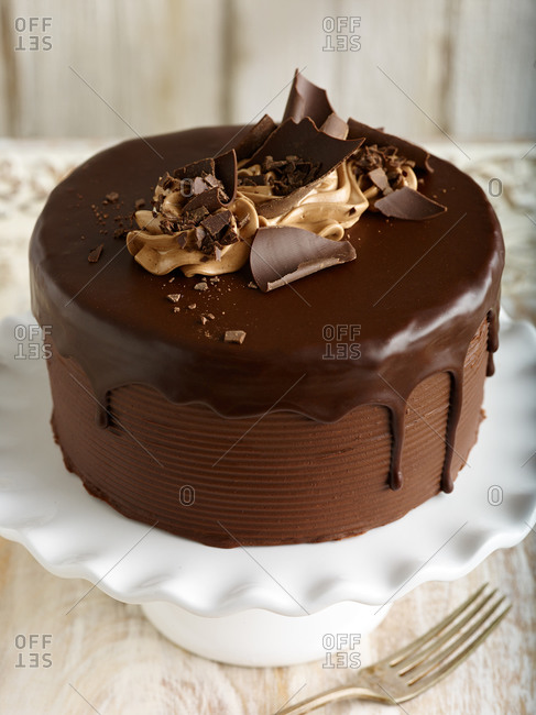 Chocolate cake decorated with chocolate shavings