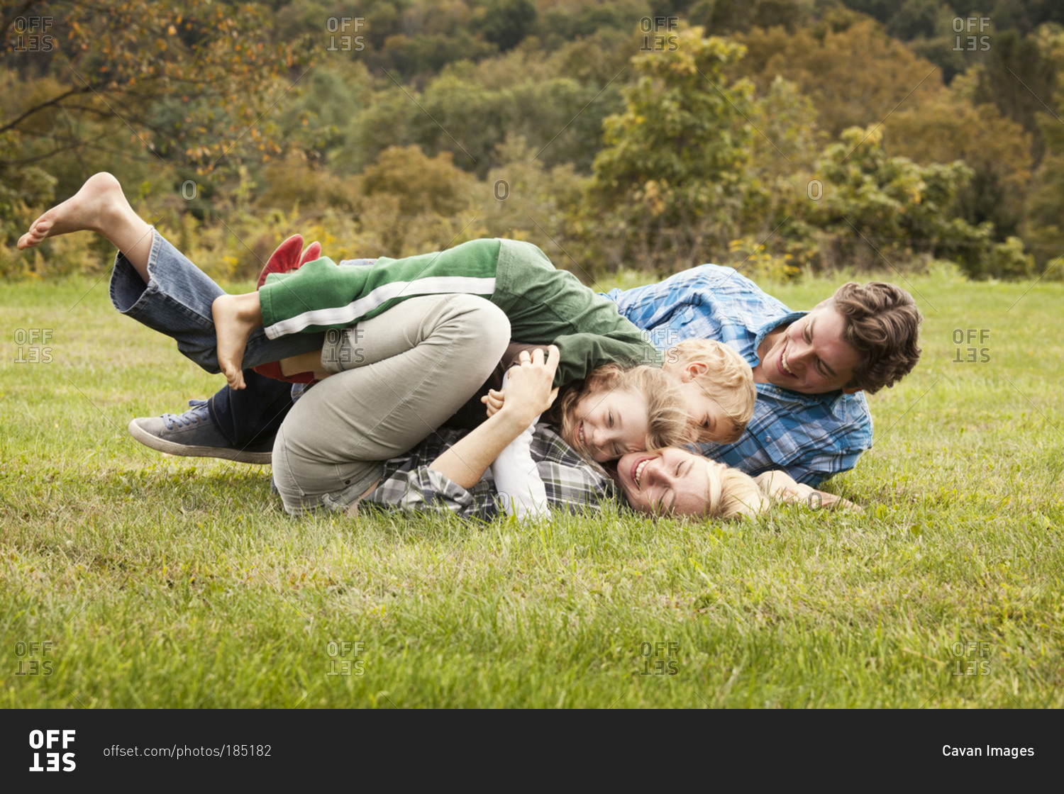 Children wrestling their parents in the grass