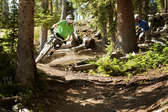 Bikers racing on a forest track