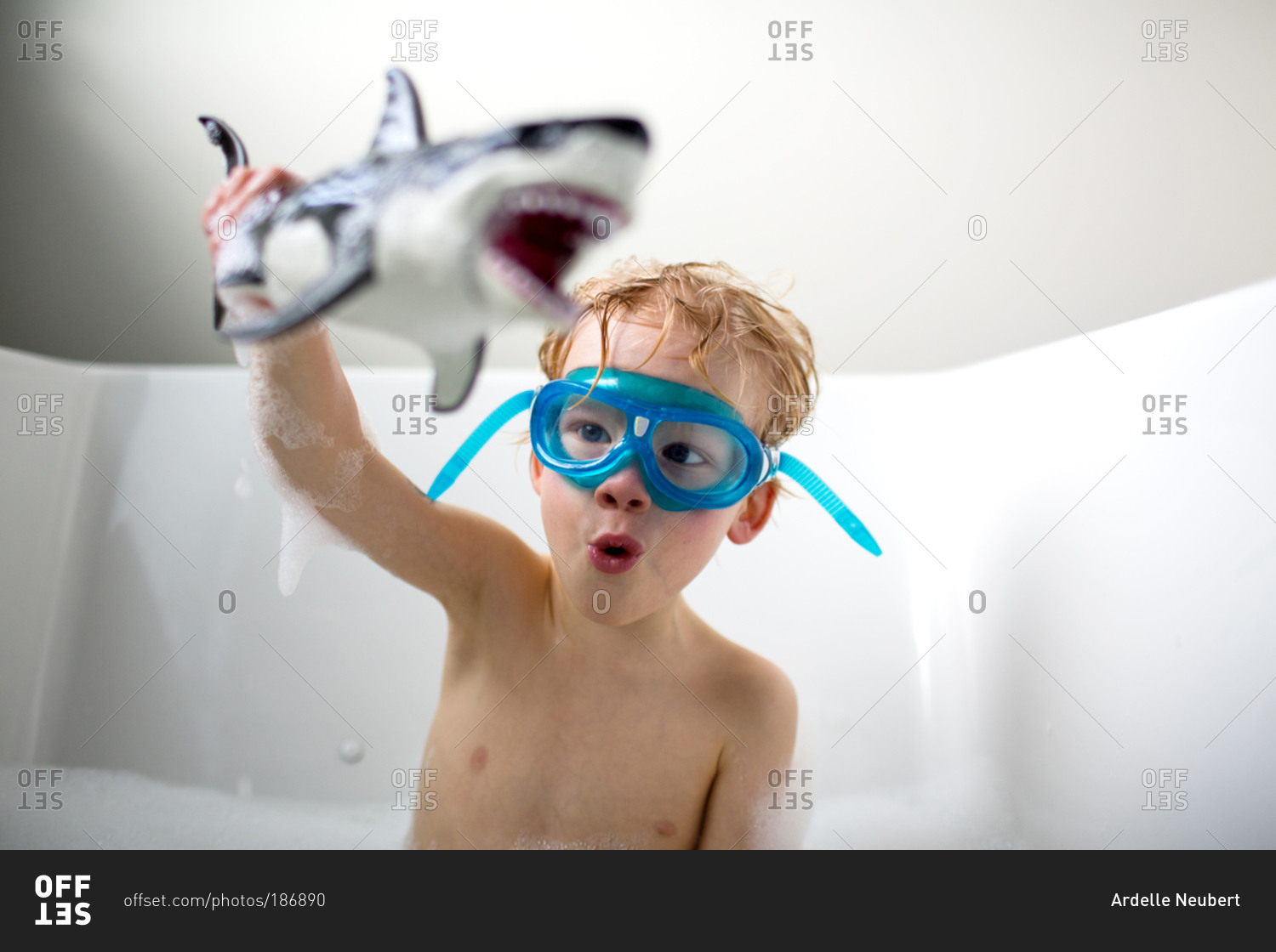 Swim Goggles Playing With A Toy Shark, Shark In Bathtub
