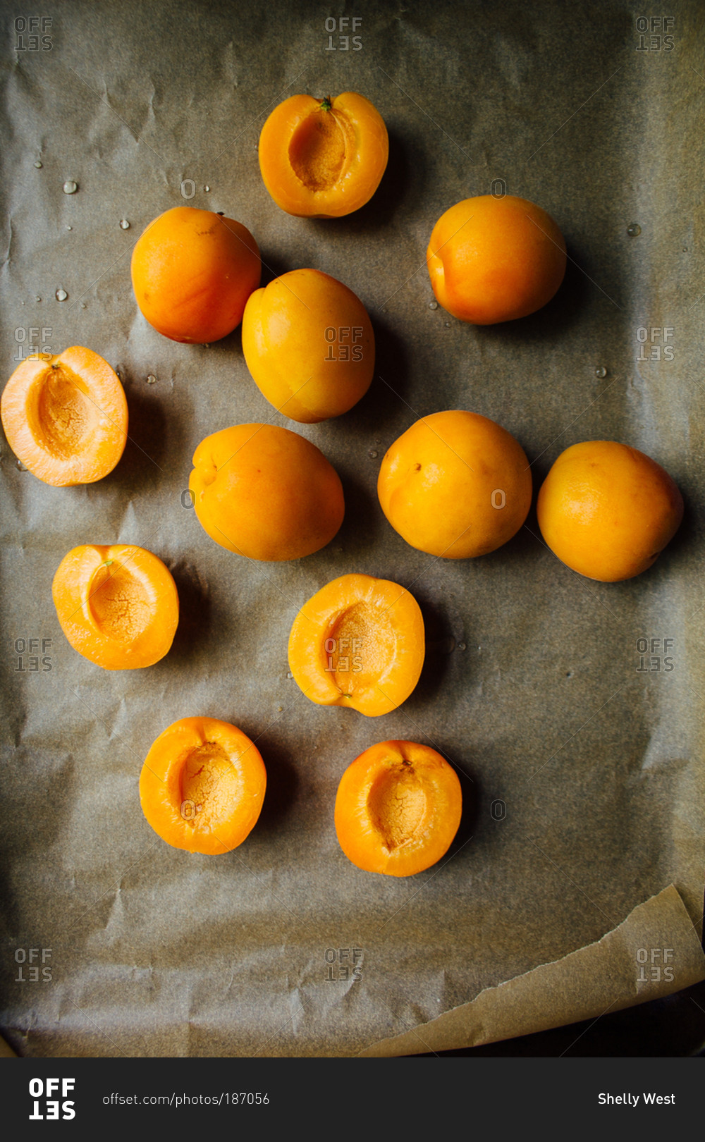Sliced orange apricots on parchment lined baking sheet with black background