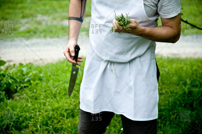 Chef holding a sharp knife and a bunch of herbs