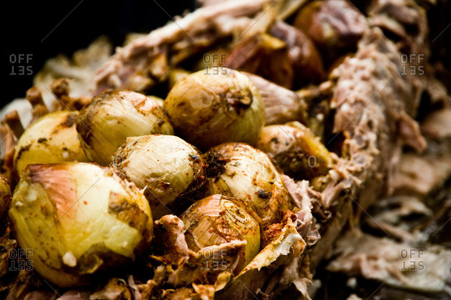 Whole pig roast stuffed with onions