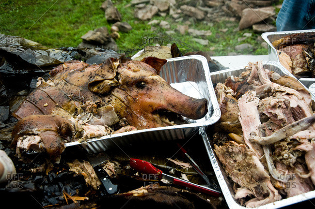 Pieces of cooked pig at barbecue