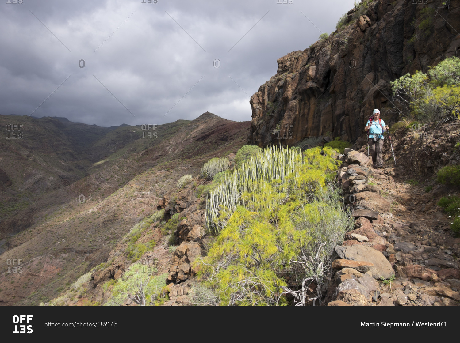 Woman walking on hiking trail Sendero Quise, Canary Islands