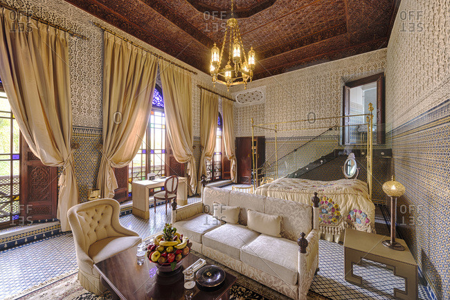 Fes, Morocco - April 10, 2014: Hotel suite in the Hotel Riad Fes
