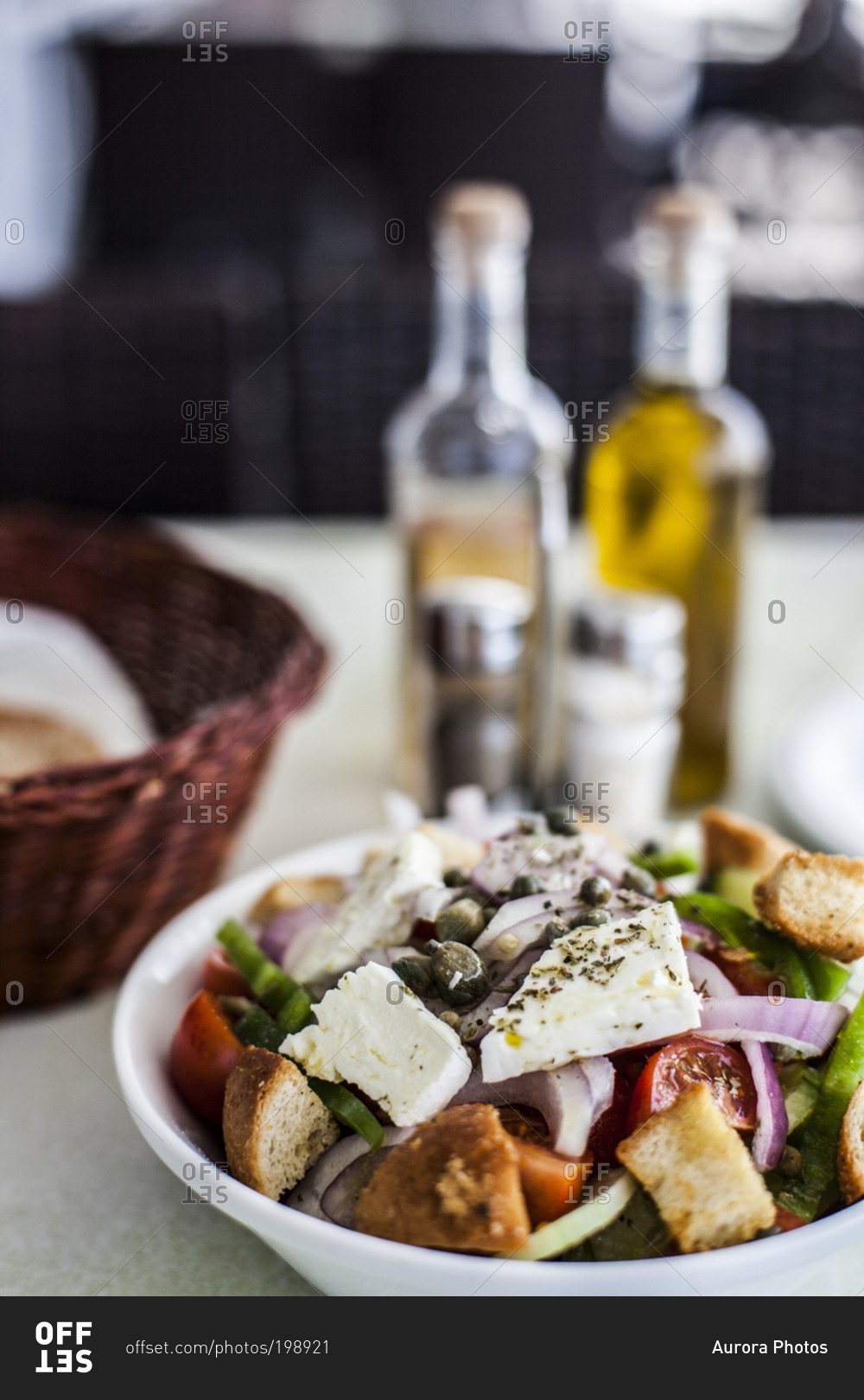 Greek salad at a restaurant in Santorini, Greece