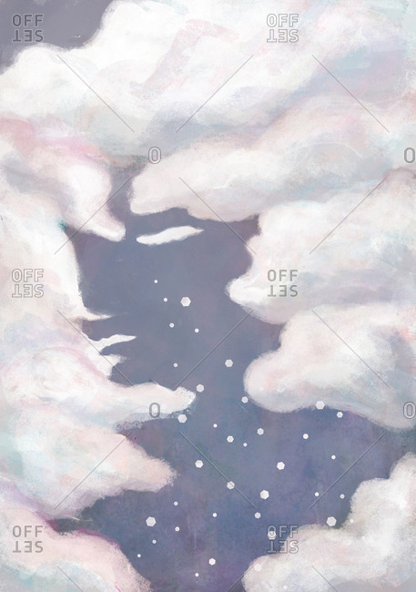 Illustration of a sad woman made of clouds and sky