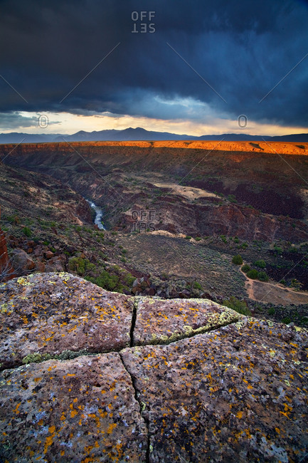 Sunset on the rim of the Rio Grande River Gorge near Taos, New Mexico, USA