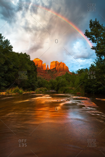 Rainbow over Cathedral Rock at Red Rock Crossing in Sedona, Arizona, USA
