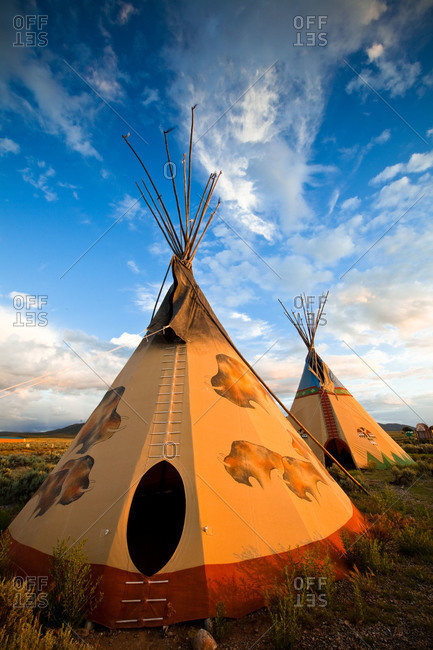 Tepees at sunset near Taos in New Mexico. USA