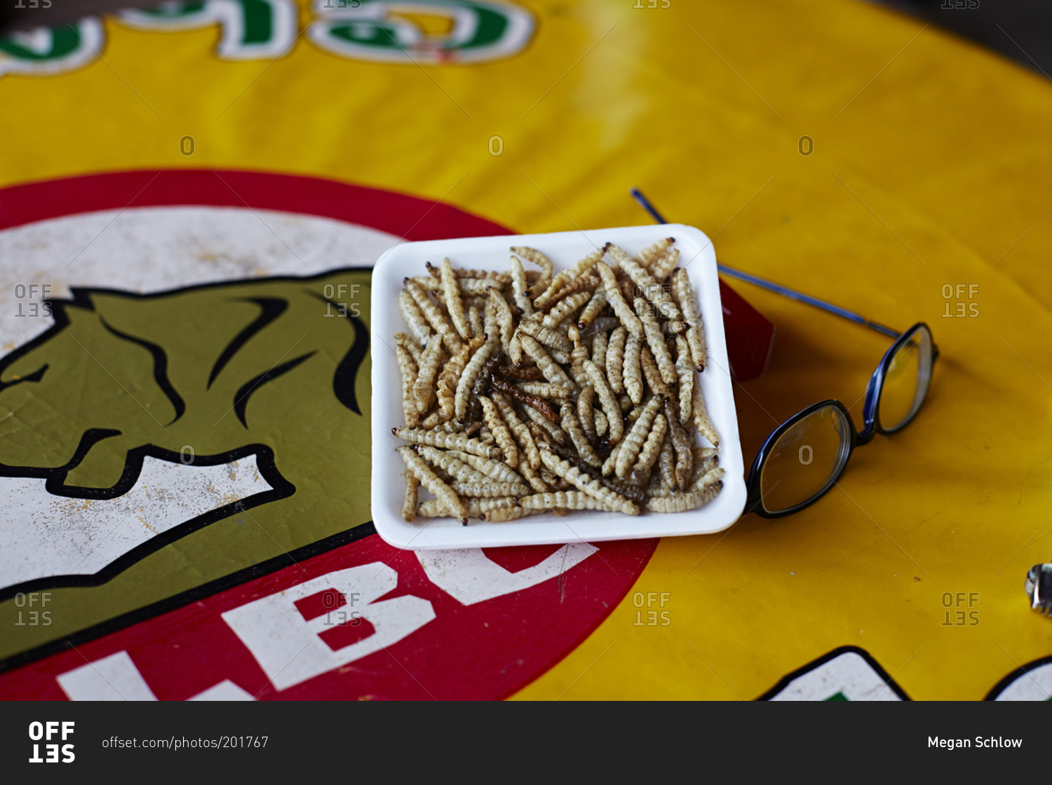 Cooked bamboo worms on tray in Thailand