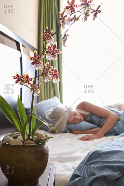 Woman with grey hair sleeping in bed