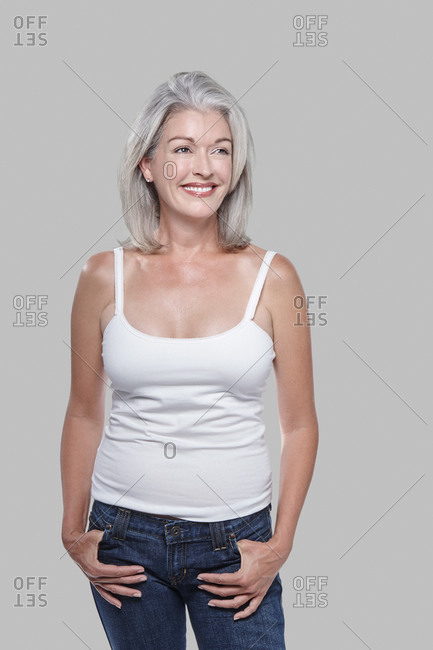 Studio portrait of a woman with grey hair