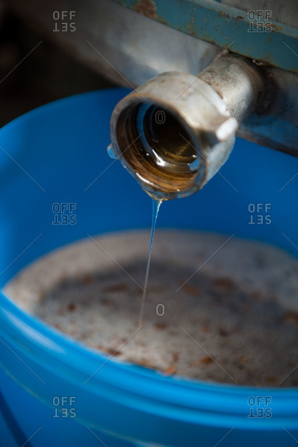 Honey pouring out of tap into a bucket