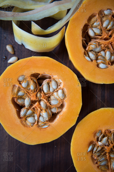 Sliced butternut squash and peels