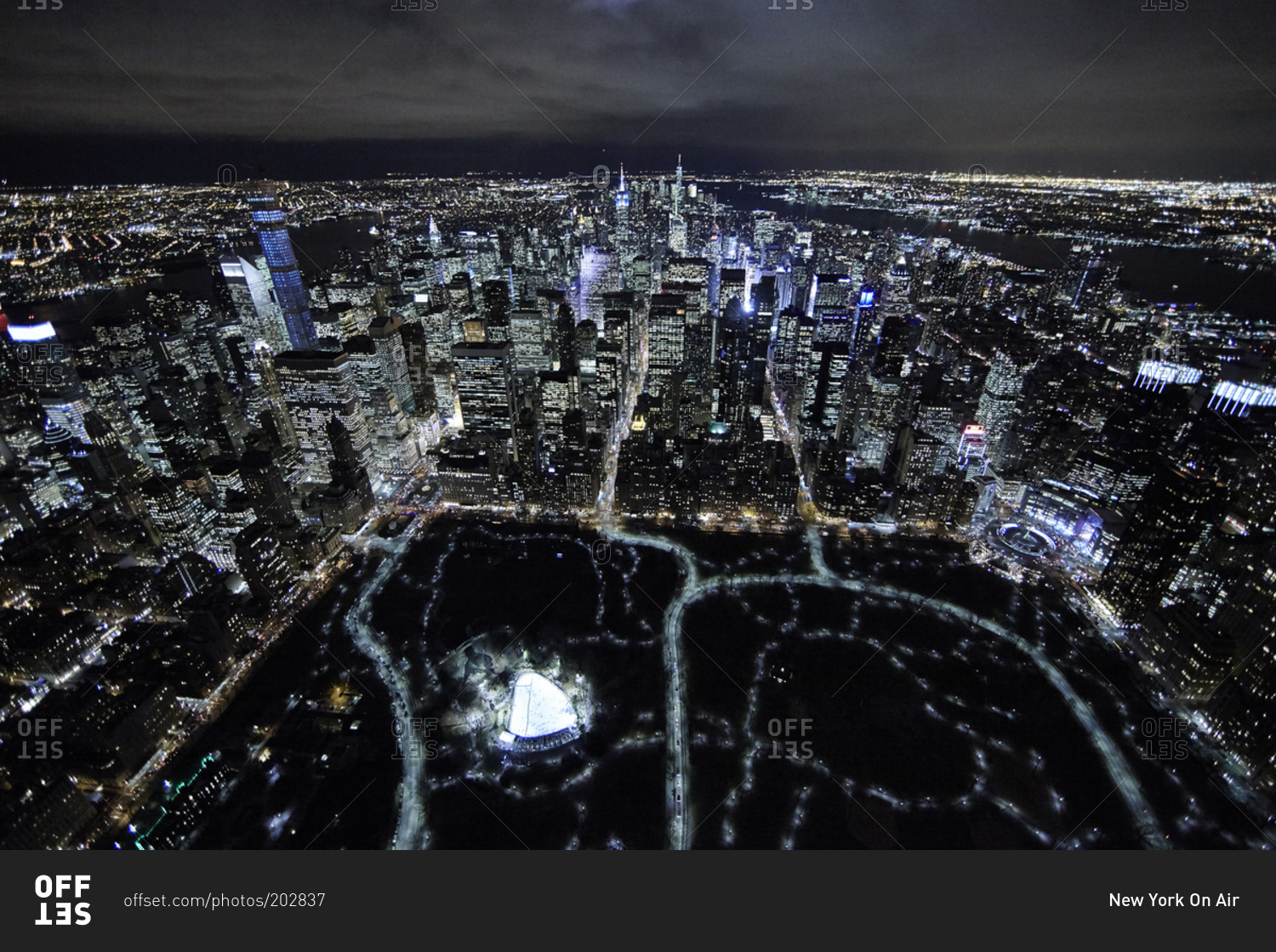 Aerial view of the Central Park at night in Manhattan, NYC, USA stock