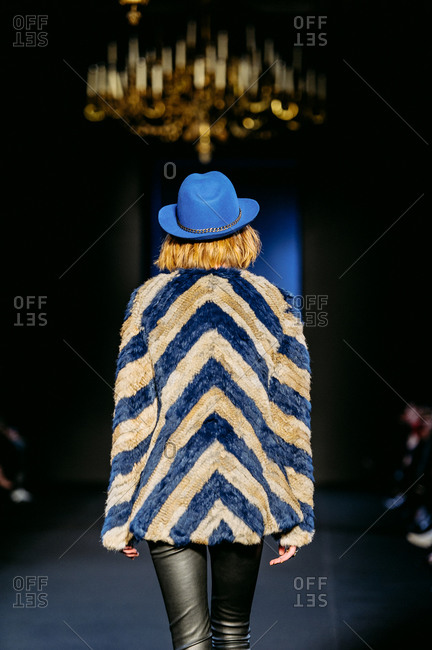 Paris, France - March 5, 2013: Model in fur coat and leather trousers at the Zadig and Voltaire fashion show