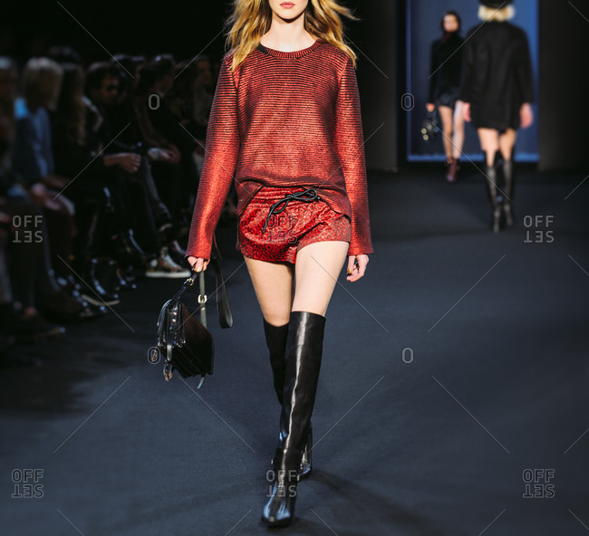 Paris, France - March 5, 2013: Model in sweater, patterned shorts and accessories at the Zadig and Voltaire fashion show