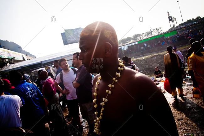 Gombak, Malaysia - January 20, 2011: A garlanded participant in Malaysia festival