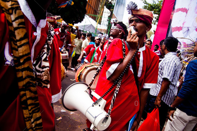 Gombak, Malaysia - January 20, 2011: Procession drummers in kavadi festival
