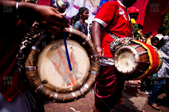 Gombak, Malaysia - January 20, 2011: Procession drummers at kavadi festival