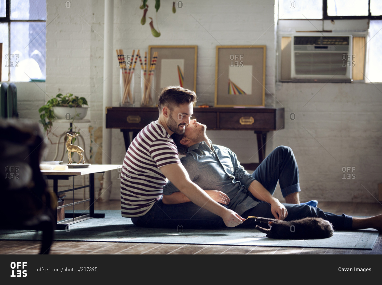 Gay Couple Relaxing In Loft With Cat Stock Photo - Offset-6441