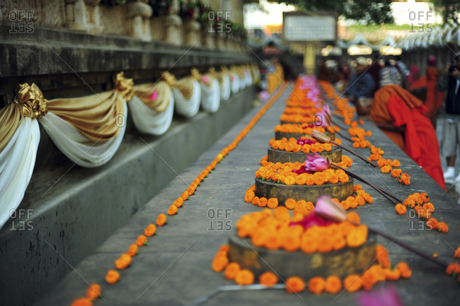 Offerings at Mahabodhi Temple in Bodh Gaya, Bihar, India