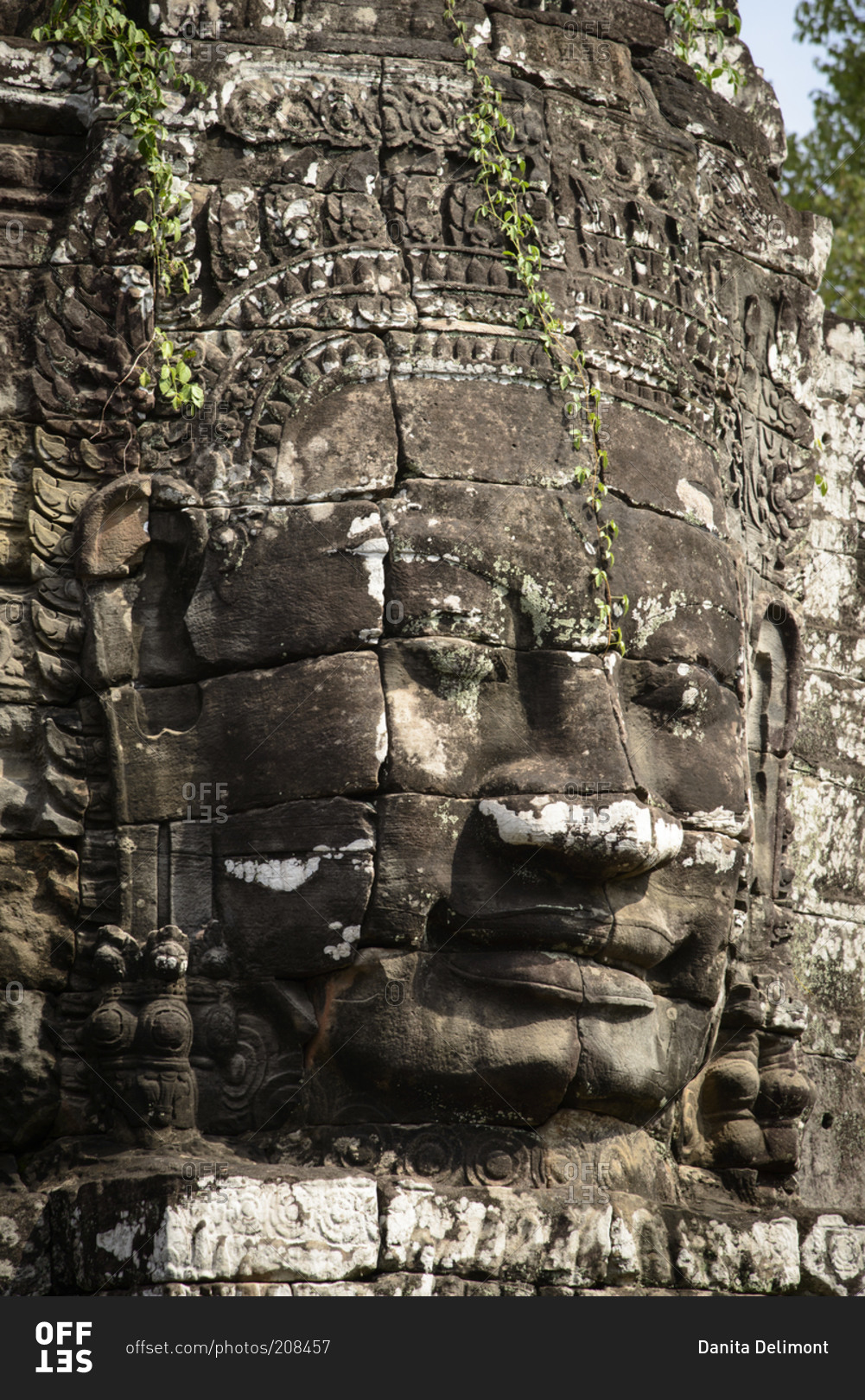 Carved face of Lokesvara in Angkor Wat, Cambodia