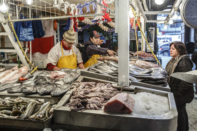 Santiago, Chile - September 24, 2014: Seafood stall in Mercado Central, Santiago, Chile