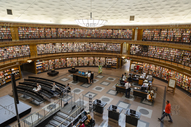 Stockholm, Sweden - July 28, 2014: People at the Stadsbiblioteket, Stockholm, Sweden