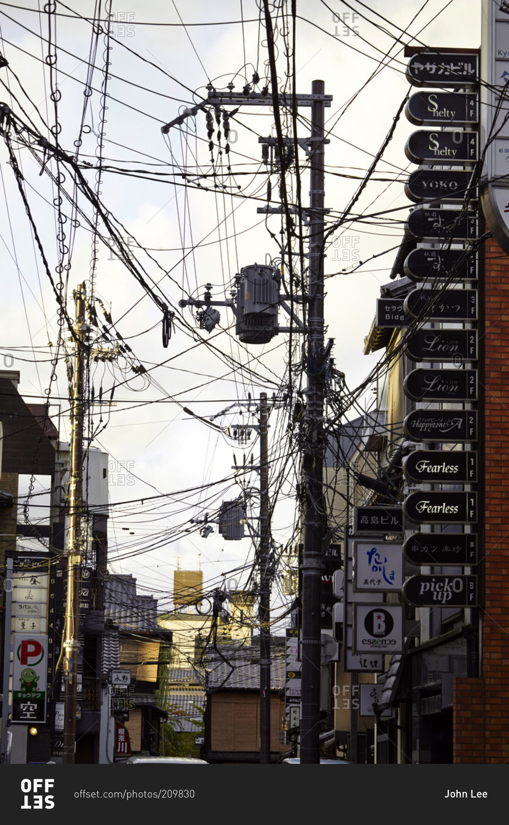 October 5, 2014 Power lines in Gion, Kyoto, Japan stock photo OFFSET